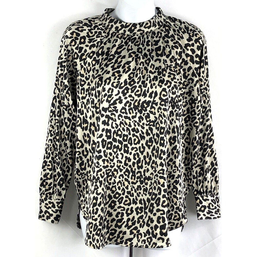 Ann Taylor Satin Top Blouse XSP Bronze Leopard Mock Neck Pleated Career Classic